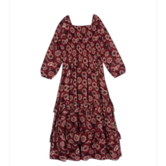 Rare Editions Big Girls Printed Lurex Chiffon Smocked Maxi Dress - Burgundy - Picture 2 of 16